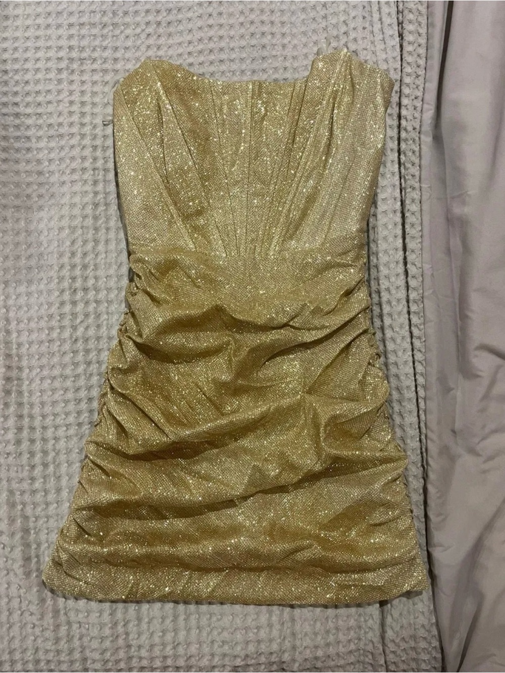 Strapless Sparkle Gold Ruched Mini Dress